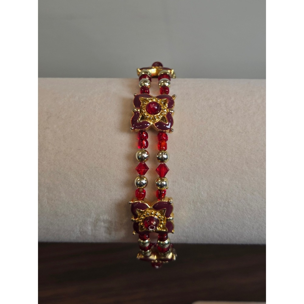 Vintage Style Red Gold Beaded Double Strand Floral Enamel Box Clasp Bracelet